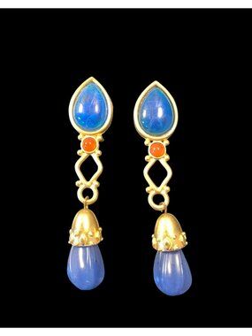 Leslie Block Faux Lapis Swirl Matte Gold Tone Cabochon Drop Clip On Earrings VTG